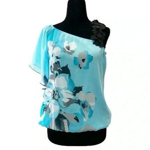 Ricki’s Blouse Sheer Floral Print One Shoulder Bubble Hem Black Blue White Small